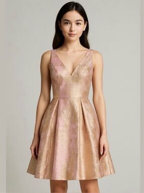 Minuet pink metallic gold Vneck fit and flare lined special occasion dress XS